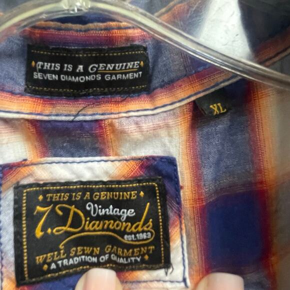 7 Diamonds Mens XL Plaid Pearl Snap Shirt Short Sleeve Button Western Cowboy - Picture 4 of 5